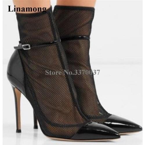 Women Elegant Pointed Toe Mesh Thin Heel Short Boots Ankle Strap Lace Black Red White High Heel Ankle Boots Wedding Shoes