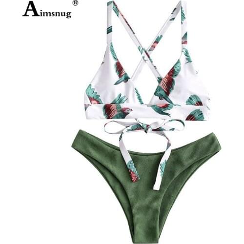 Women Bikini Sets Latest Model Birds Print Swimsuit Sexy Bandage Two Pieces Swimwear Trend 2021 Ruched Knitted Bathing Suits