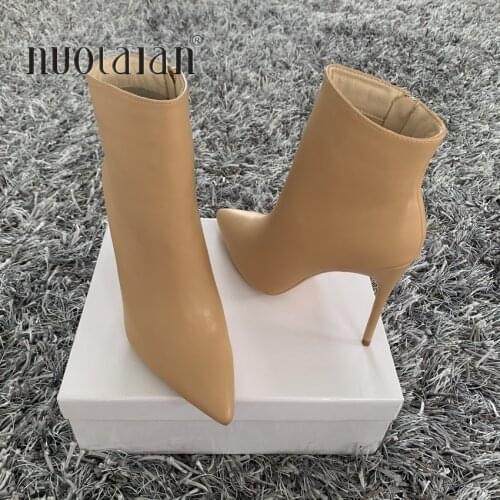 2020 Fashion Leather Women Boots Pointed Toe Ankle Boots High heels Shoes Autumn Winter Female Boots plus size 4-11