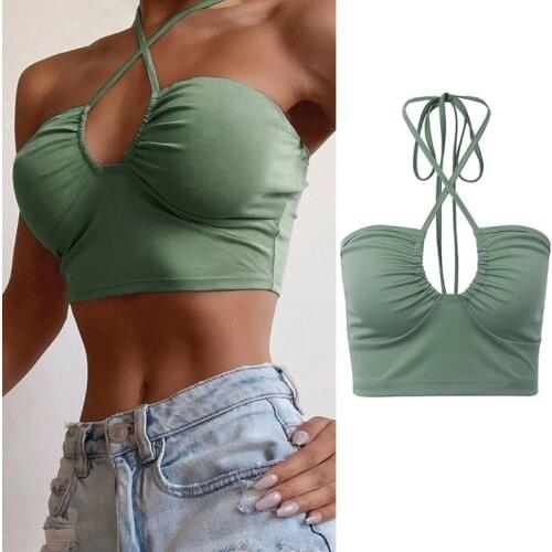 Women Sleeveless Off Shoulder Tube Top Halter Crisscross Lace-Up Solid Color Camis Vest Sexy Hollow Out Ruched Backless Streetwe