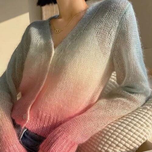 Deeptown Rainbow Knitted Cardigan Women Autumn Winter Sweet Kawaii Sweater Coat Female Korean Long Sleeve Button Up Cardigan