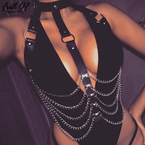 Sexy Women Metal Chain PU Splice Patchwork crop top 2020 Novelty Halter Hollow Tassel Bandage NighClub Party cropped Tank Tops