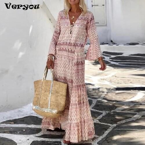 Women Vintage Geometric Print Long Party Dress Elegant Flare Sleeve Long Beach Dress 2021 Sexy Spring Summer V Neck Maxi Dresses