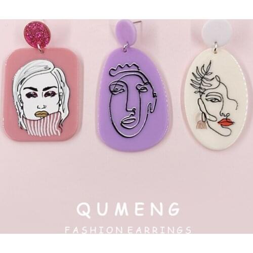 2020 New Korean Classic Fashion Acrylic Geometric Charm Female Head Pattern Printed Drop Pendant Earrings Female Party Jewelry