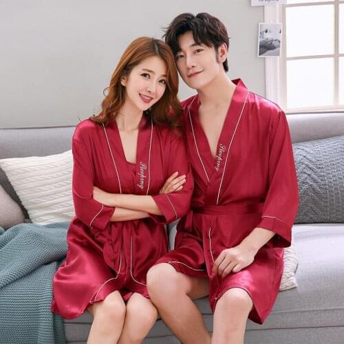 2021 Spring Summer Pajamas For Couples Silk Sexy Womens Long Sleeve Robe Nightdress Loose Casual Men Rayon Bathrobe Sleepwear