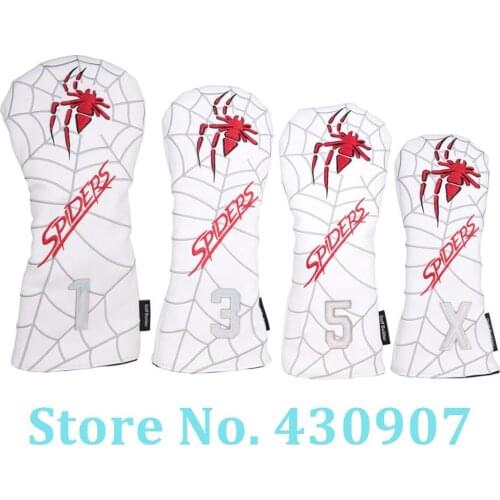 White PU Leather with Spider and 1 3 5 X Embroidery Golf Club Driver Fairway Wood Hybrid Head Cover Golf Wood Headcover