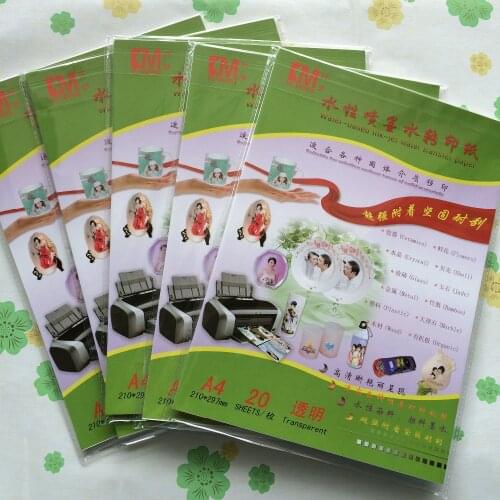 Free shipping A4 size (20 pieces/lot) clear/transparent color water transfer printing paper inkjet water slide decal paper