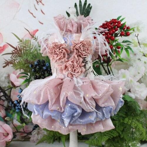 Free Shipping Handmade Luxury Dog Clothes Lace Embroidery 3D Flower Dress Pet Apparel Party Evening Tutu Skirt Poodle Maltese
