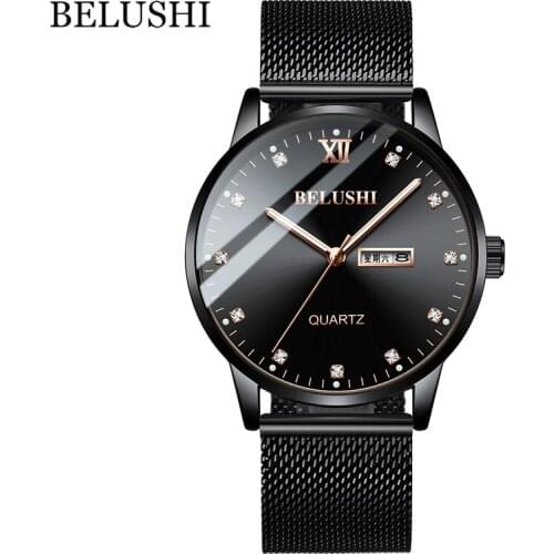 BELUSHI Fashion Watch Men Waterproof Slim Mesh Strap Quartz Wrist Watch Luxury Diamond Dial Mens Watches Clock Relogio Masculino