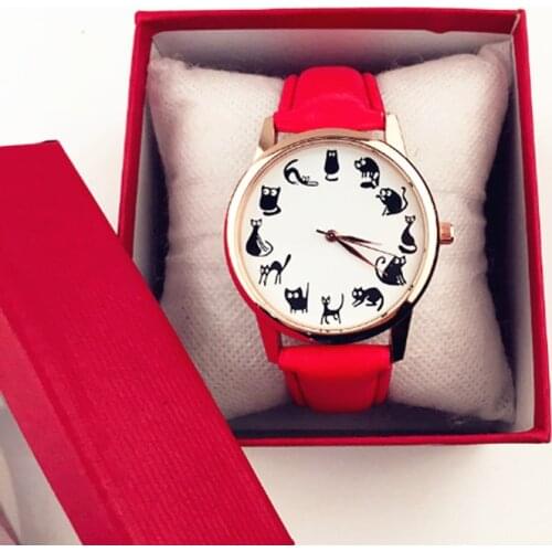 2021 Fashion Women Casual Watches Cat Pattern Leather Band Quartz Watches Round Analog Clock Wrist Watches Elegant Watches
