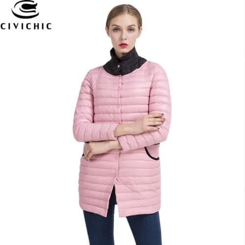CIVICHIC Top Grade Woman Ultra Light Down Jacket Faux Wool Lapel Collar Coat Mid Long Slim Eiderdown Warm Out Buttons Wear DC517