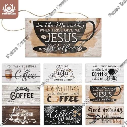 Putuo Decor Coffee Wooden Signs Shabby Chic Sign Cafe Coffee Bar Home Decor for Kitchen Diner Wooden Wall Decor Home Decoration