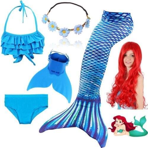 Kids Children Mermaid Tails for Swimming with Monofin Flippers Wig Girls Cosplay Costume Mermaid Bikini Suit Bathing Swimsuit