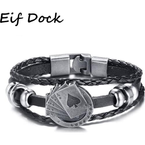 Eif Dock Vintage Leather Bracelet for Men Playing Cards Raja Vegas Charm Multilayer Braided Woman Pulseira Masculina 2020