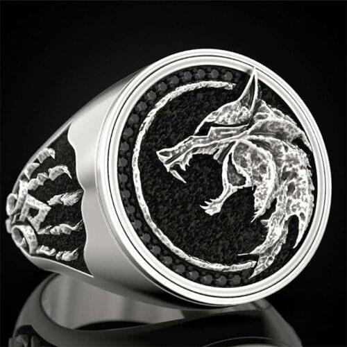 Punkboy Unique Mens Ring Creative Silver Plated Color Domineering Wolf and Wolf Paw Inlaid Crystal Metal Ring for Party Jewelry