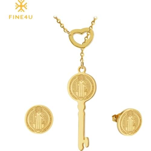 FINE4U N062 San Benito Holy Key Necklaces Earrings Set 316L Stainless Steel Religious Jewelry Sets For Women