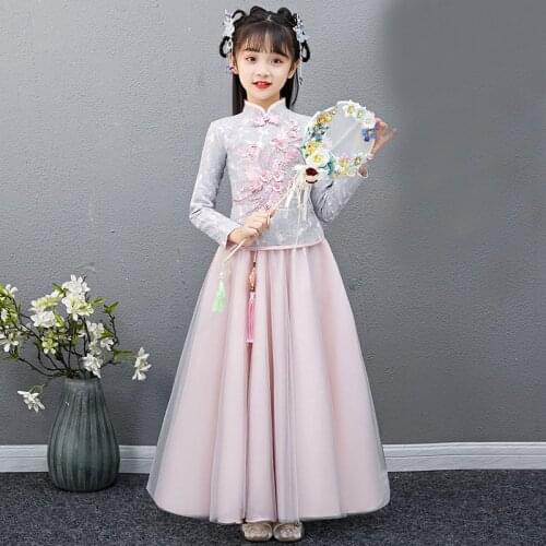 Girls Lace Embroidery Cheongsam Dress Baby Princess Dress Wedding Teens Party Vestidos Girls Floral Chinese New YearClothing