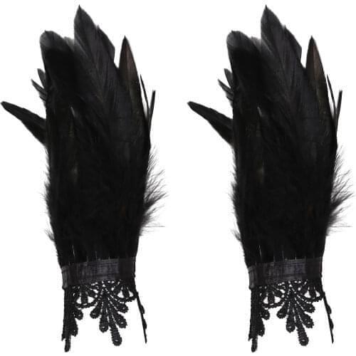 Lace Feather Wrist Cuffs Black Real Natural Dyed Rooster Feather Arm Warmers Party Cosplay Costume Accessory Feather Gloves
