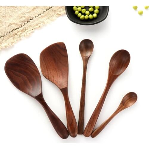 1PC Black Walnut Rice Shovel Spoon Wooden Coffee Honey Tea Spoons Wood Stir Long Soup Scoop Desserts Condiment Kitchen Tableware