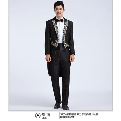 100%real Free shipping mens black embroidery collar swallowtail suit tuxedo jacket with pants black event suit/swallow suit