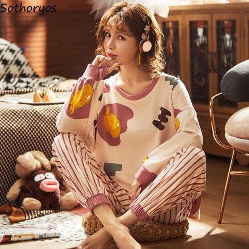 Pajama Sets Women Long Sleeve Suits Fall Cotton Round Neck Printed Korean Style Soft Fashion Loose Sleeping Wear Sweet Cute New