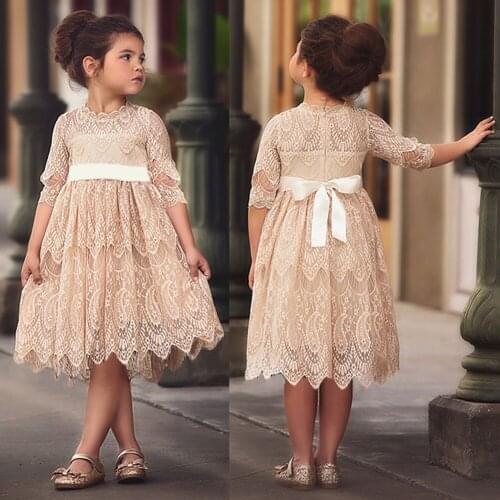 Girl Long Sleeve Lace Embroidered Princess Dress Childrens Flower Net Yarn Piano Costume Bow Wedding Dresses Kid Vestidos 2-8 Y