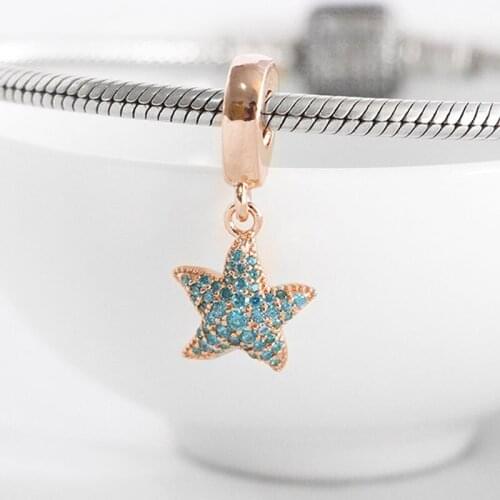 Authentic S925 Silver Dangle Charm Rose & Green CZ Starfish Pendant Bead fit Lady Bracelet Bangle Girl Birthday Gift DIY Jewelry
