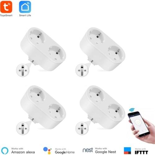 4 Pieces Wholesale Alexa Compatible WiFi Plug EU Standard 2 Outlets Remote Control Smart Life APP Control Timer Power Monitoring