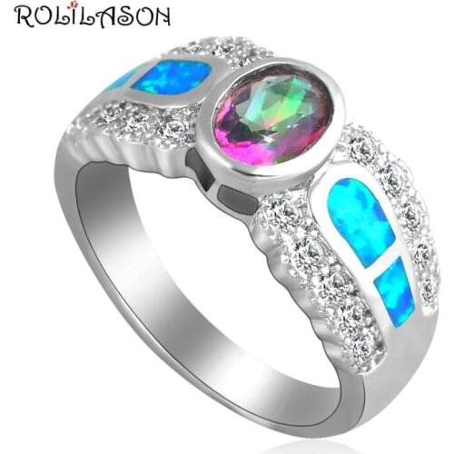 ROLILASON Gorgeous Rainbow Zircon Inlay Blue fire Opal Silver White Crystal fashion Jewelry Rings USA Ring for women OR641