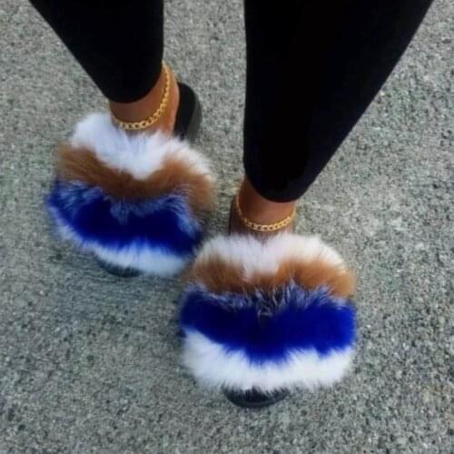 Womens Fluffy Fur Slippers Ladies Plush Slides Female Furry Fox Fur Sandals Cute Flip Flops Girls Fashion Shoes Large Size 45