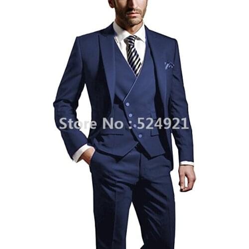 Custom Made Groomsmen Navy Blue Groom Tuxedos Peak Lapel Men Suits Wedding/Prom Best Man Blazer ( Jacket+Pants+Vest +Tie) C306