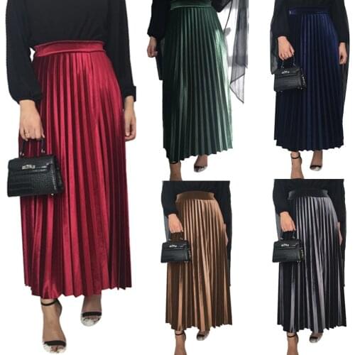 Muslim Velvet Faldas Mujer Moda Pleated Skirts High Waist Bottoms Bandage Pencil Skirt Ramadan Party Islamic Jupe Longue Femme
