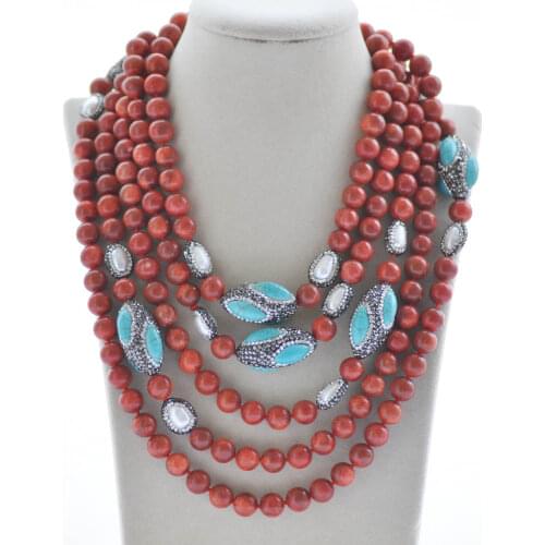 Z10316 100" Red Coral 30mm Turquoise Shuttle Pearl CZ Necklace