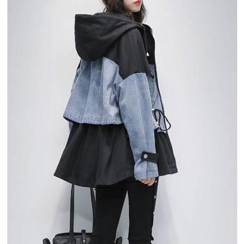 Women Hooded Jean Denim Stitching Jacket Female Fashion Windbreaker Mid-length Waisted Jean Coat Winter Autumn