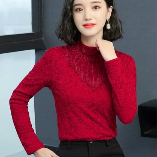 2020 Autumn Winter Elegant Feminine High Neck Lace Bottom Blouse & Shirt Women Long Sleeve Tops Shirt Plus 4XL Fiminna Blusa