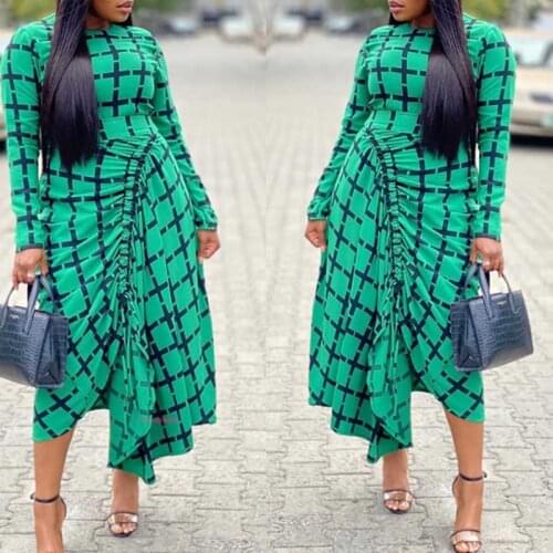 Plus Size Women Clothing Geometric Print Dress Autumn Long Sleeve Drawstring Irregular Dress Sexy Office Dresses For Women 2021