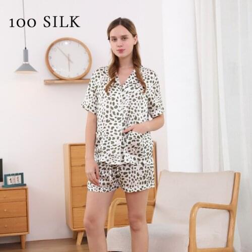 19 MM silk pajamas suit women summer new 100 mulberry silk pajamas leopard print v-neck home service