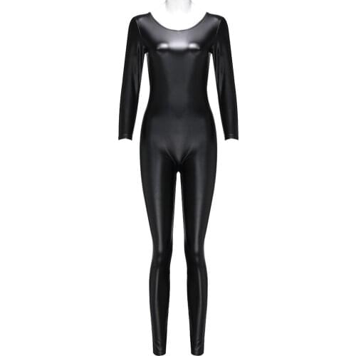 M-4XL 2021 Plus Size Night Club wear Wet Look Women Sexy Black Faux Leather O Neck Bodysuit Invisible Zipper Cat Cosplay Costume