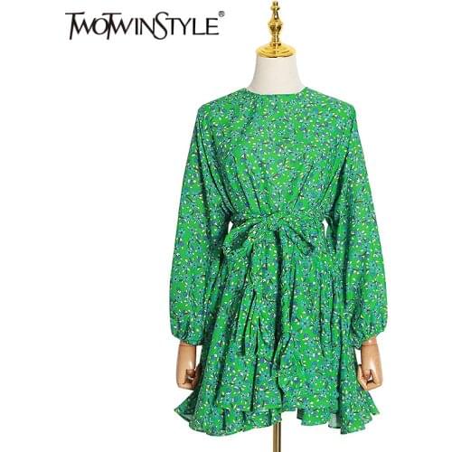 TWOTWINSTYLE Elegant Print Women Dress O Neck Lantern Long Sleeve High Waist Lace Up Bow Ruffles Mini Dresses For Female Fashion