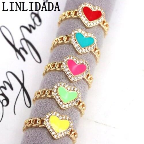10Pcs New Colorful Enamel CZ Pave Heart Rings for Women Simple Design Gold Rings for Girls Cute Heart Rings