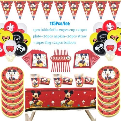 115Pcs Mickey Mouse Theme Cup Plate Napkin Kid Birthday Party Decoration Party Event Supplies Favor Items for Kids 10 People Use