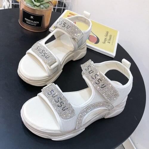 2020 Hot Sale Fashion Womens Shoes Summer Womens Sandals Big Kids Student Casual Sandals Crystal Hook & Loop Solid Sandals