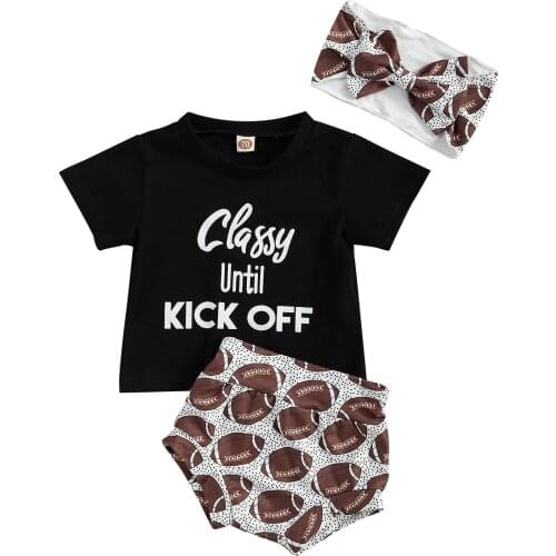 2021 0-24M Infant Baby Girl Summer Clothes Set Short Sleeve Letter Printed T-shirt+Football High Waist Triangle Shorts+Headband