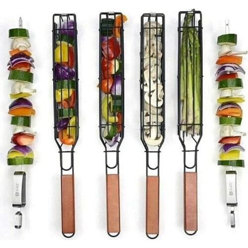 50pcs Stainless Steel Barbecue Baskets BBQ with Wooden Handle Quesadilla Grill Basket for Vegetables, Shrimps, Meat and Hot Dog