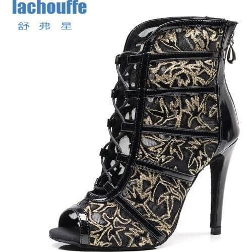 Women Latin Dance Boots Black Mesh Tango Salsa Dancing Shoes for Woman High Heel Samba Latino Dance-shoes Girls High Top Sandals