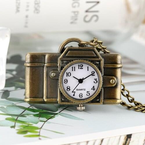 Unique Camera Shape Dangle Pendant Quartz Pocket Watch Vintage Bronze Fashion Pendant Necklace Watches for Photographers Friends