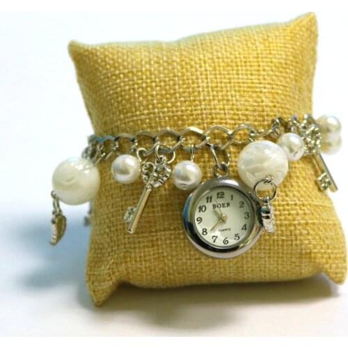 1PCS Hot Popular Fashion Womens Clock Glamour Ladies Quartz Watch Faux Pearl Bracelet Watch Leaf Key