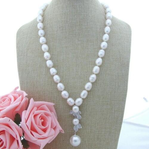 Zircon Pendant 23'' Freshwater White Rice Pearl with shell pearl Necklace