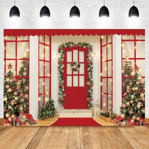 Christmas Photography Background Glitter Christmas Trees Lights Wooden Door Pine Nuts Decor Family Shoot Child Photo Backdrop
