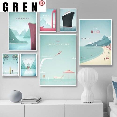 GREN Steamship Plane Cliff Travel Cartoon Beach Sea Canvas Painting Wall Art Print Poster Picture Modern Bedroom Home Decor